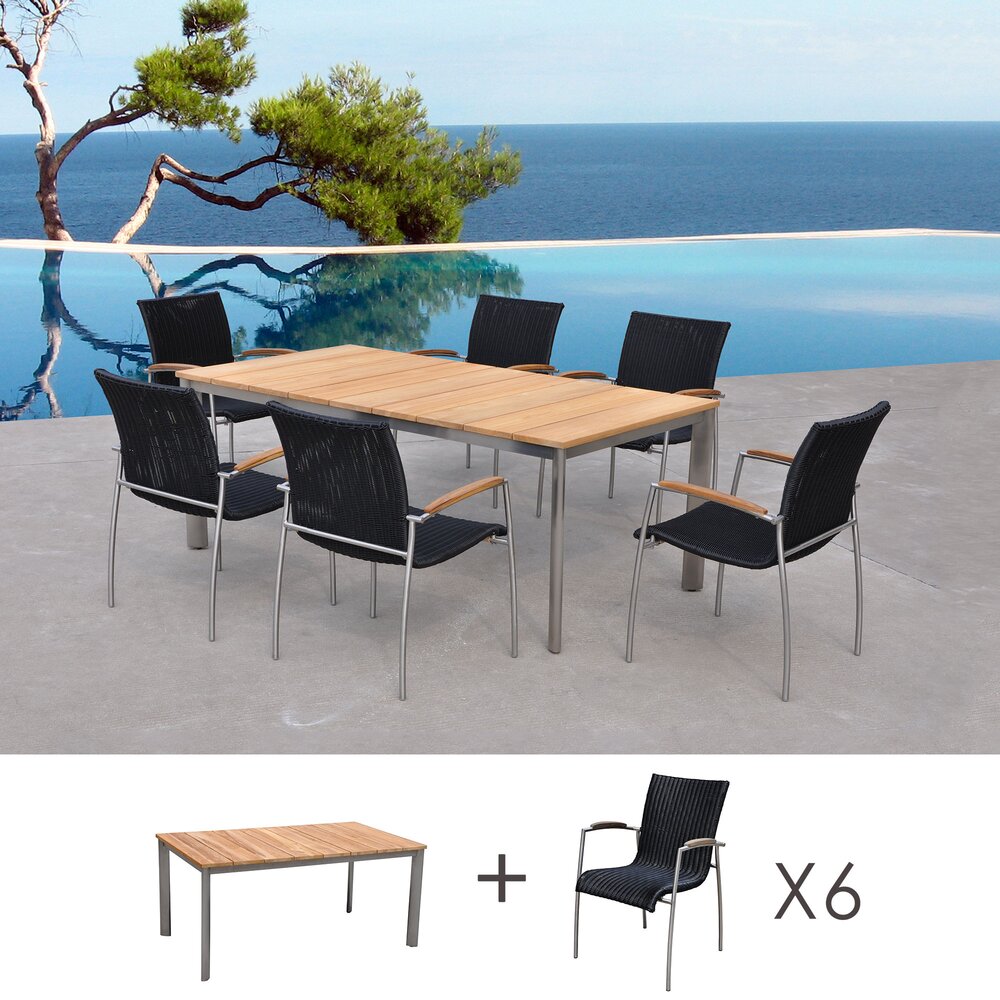 Ensemble repas - Table de jardin en teck + lot de 6 chaises en résine tréssée noire photo 1