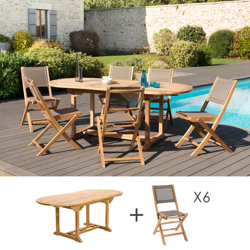 Ensemble repas - Ensemble table 150/200 cm + 6 chaises en teck et textilène - GARDENA photo 1