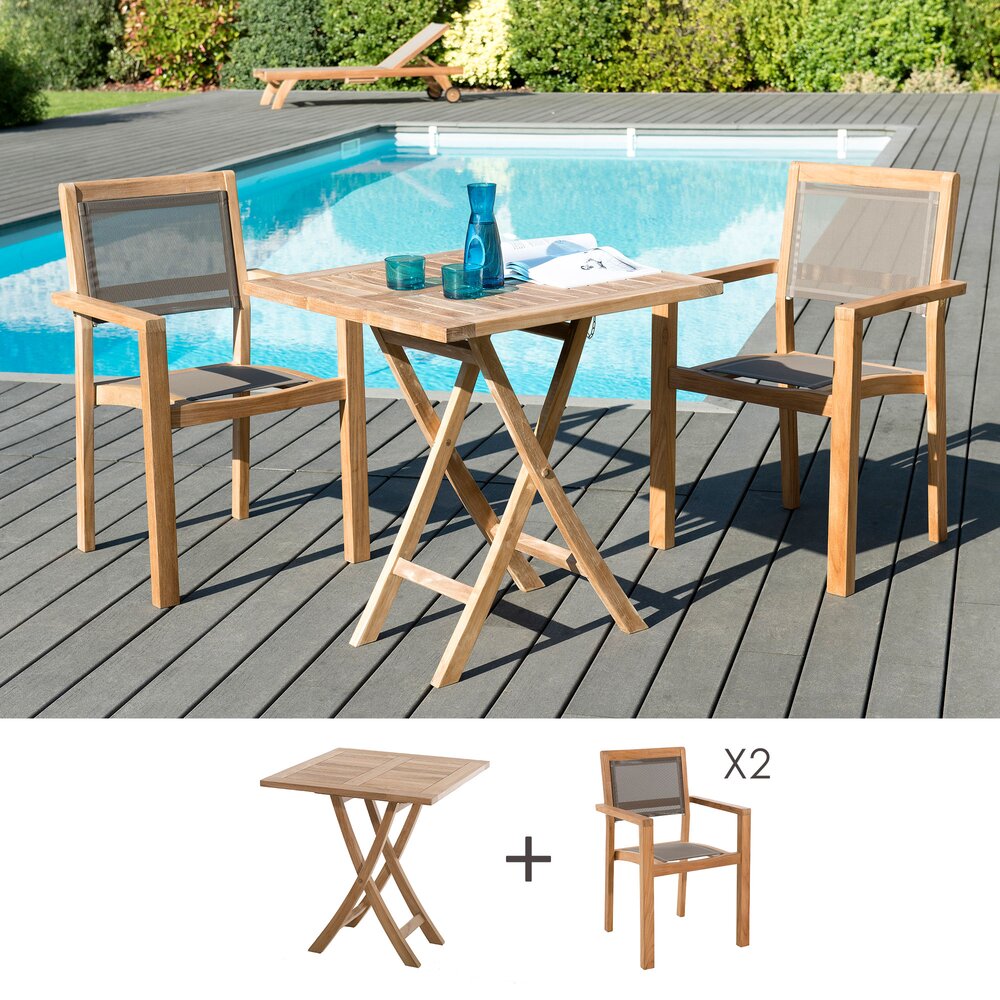 Ensemble repas - Ensemble table 70 cm + 2 fauteuils en teck et textilène - GARDENA photo 1