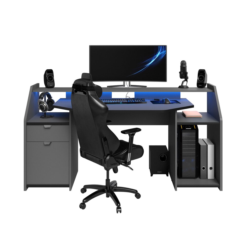 Bureau GAMER PC avec Led couleur Graphite avec porte et tiroir - Abitare