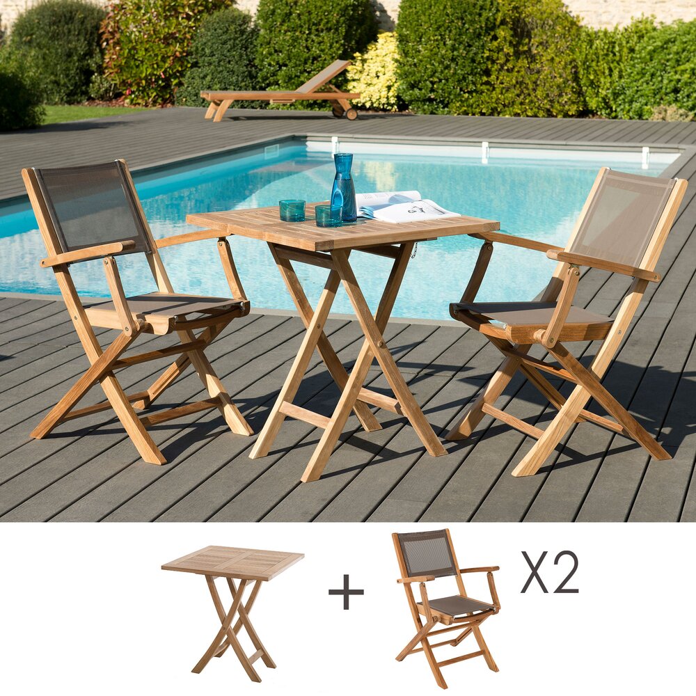 Ensemble repas - Ensemble table + 2 fauteuils pliables en teck et textilène - GARDENA photo 1