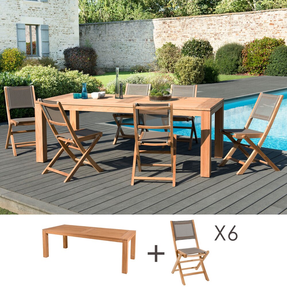 Ensemble repas - Ensemble table pieds carrés + 6 chaises teck et textilène - GARDENA photo 1