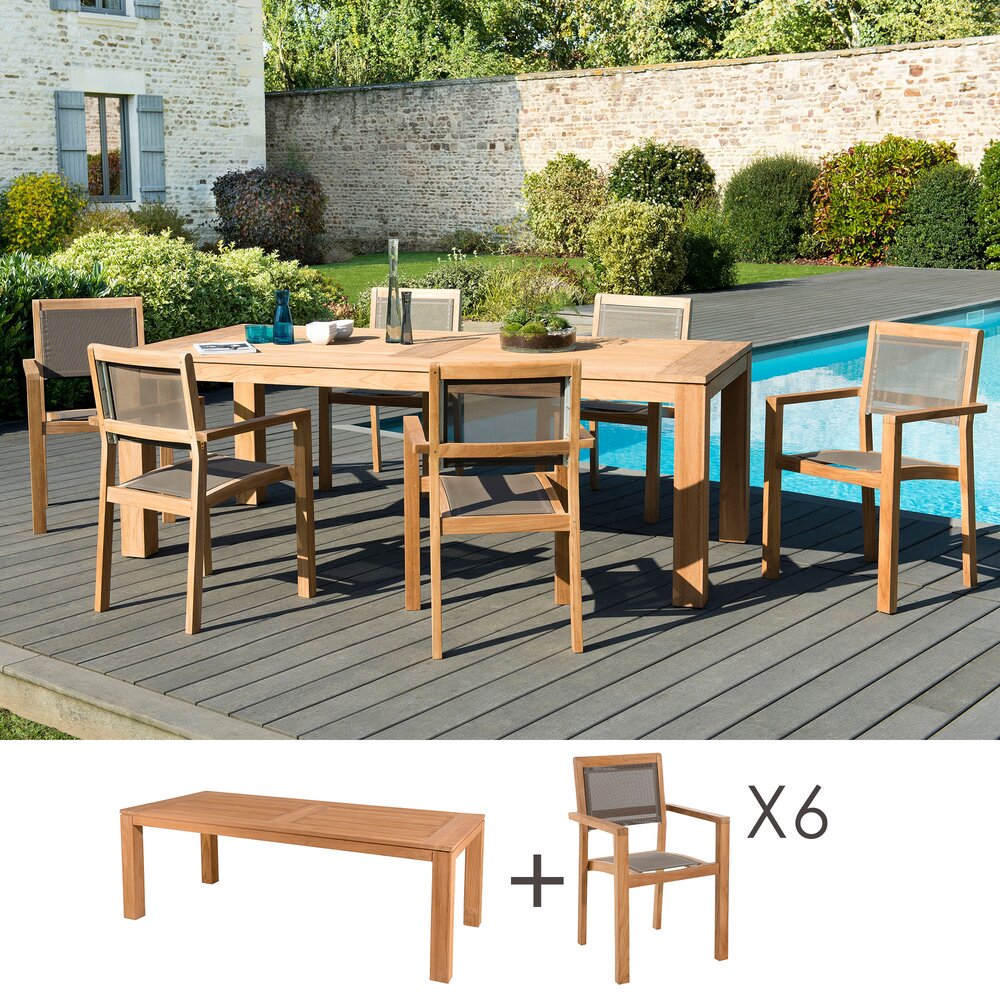 Meuble de jardin - Ensemble table 220 cm + 6 fauteuils en teck et textilène - GARDENA photo 1