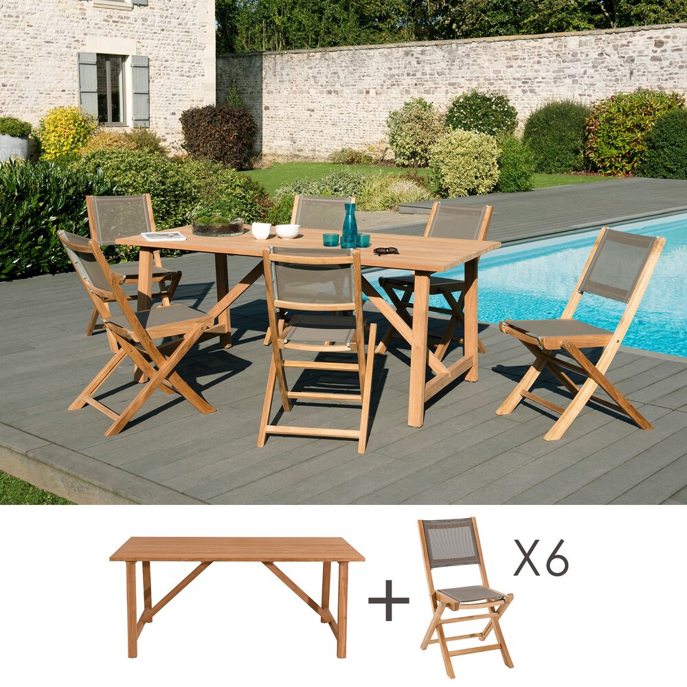 Ensemble repas - Ensemble en teck table 180x90 cm + 6 chaises pliantes- GARDENA photo 1