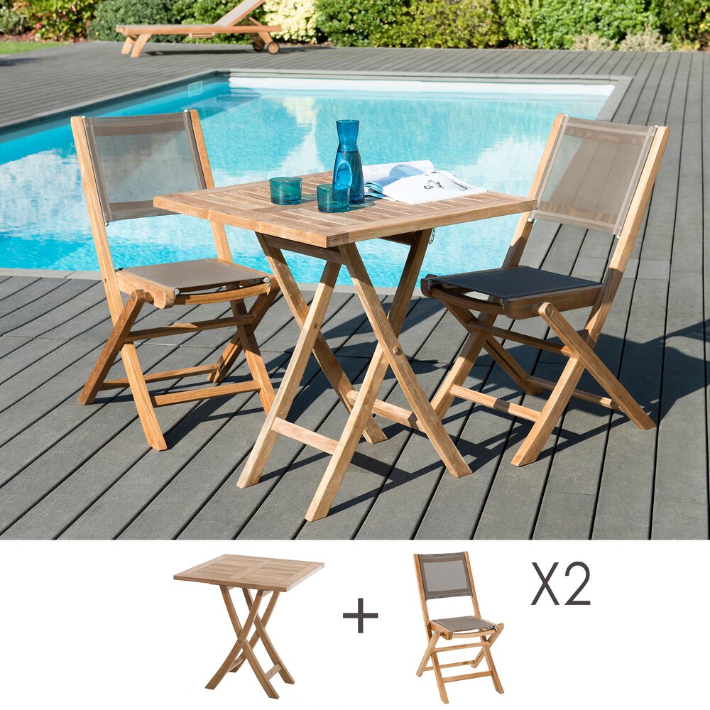Ensemble repas - Ensemble en teck table carrée 70x70 cm + 2 chaises pliantes - GARDENA photo 1