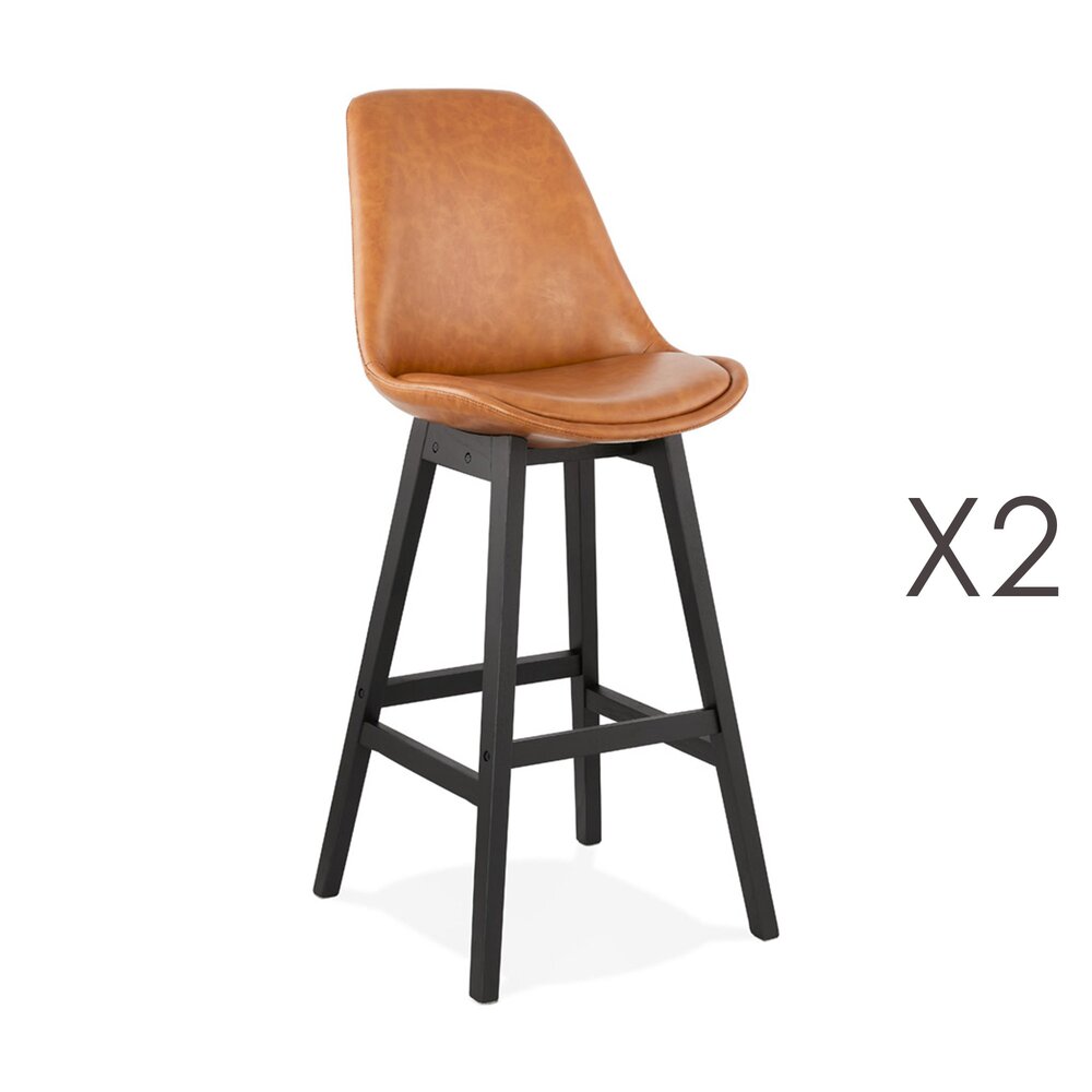 Tabouret de bar - Lot de 2 chaises de bar H75 cm en PU marron pieds noirs - ELO photo 1