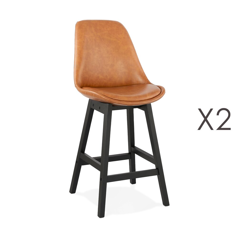 Tabouret de bar - Lot de 2 chaises de bar H65 cm en PU marron pieds noirs - ELO photo 1