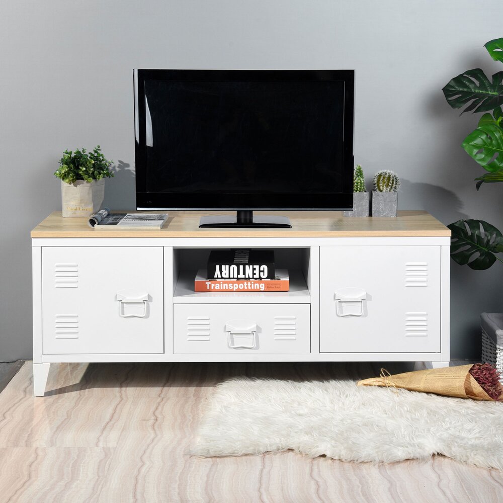 meuble tv 2 portes 1 tiroir en metal blanc et plateau bois aristo
