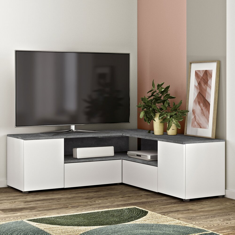 Meuble TV - Hifi - Meuble TV d'angle 130x130x46 cm blanc et béton - SQUAR photo 1