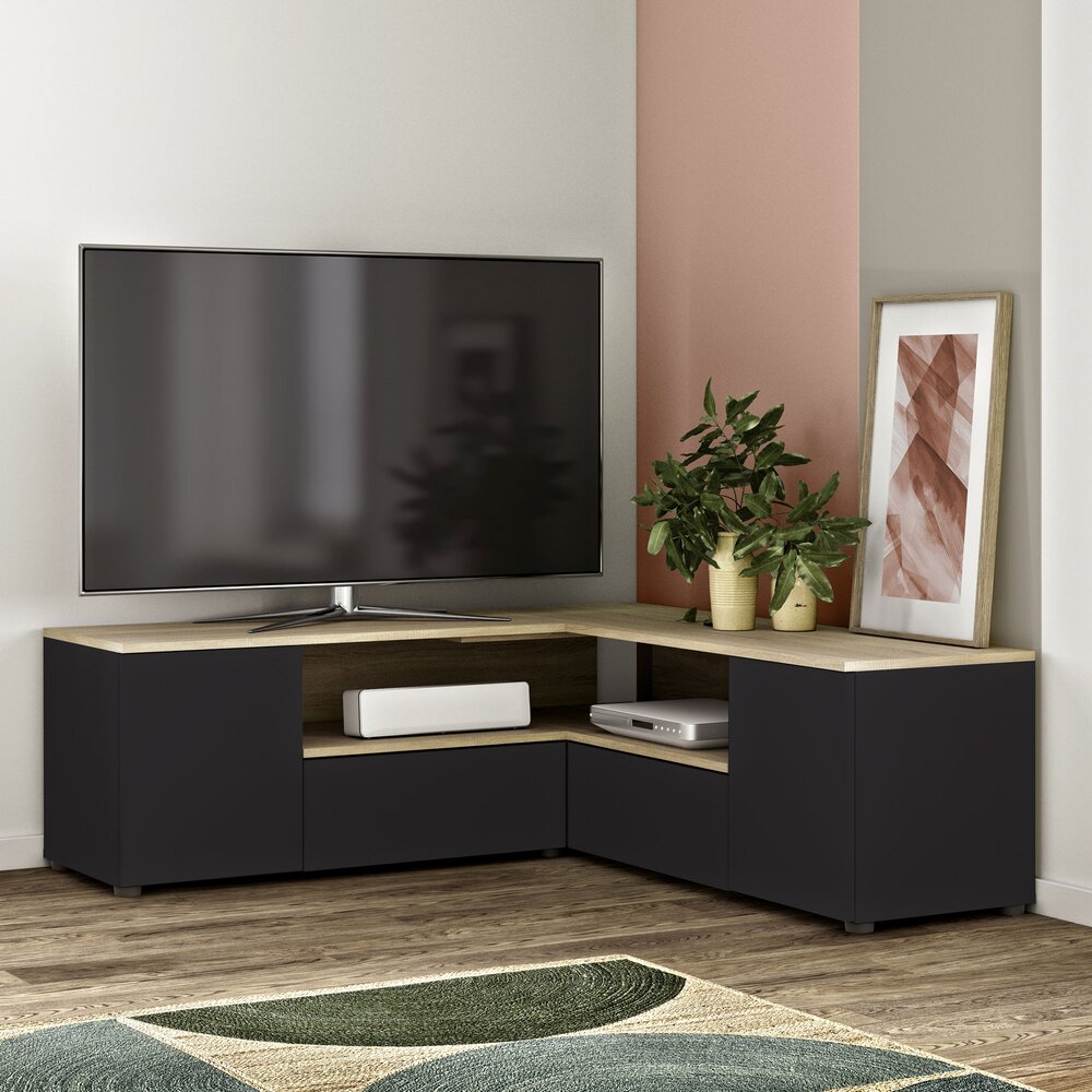 Meuble TV 2 portes 140x35x40 cm en bois massif - NASIK