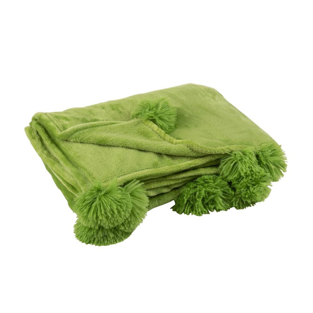 Couvre-lits et accessoires - Plaid 130x170 cm en polyester vert avec pompons - PANDO photo 1