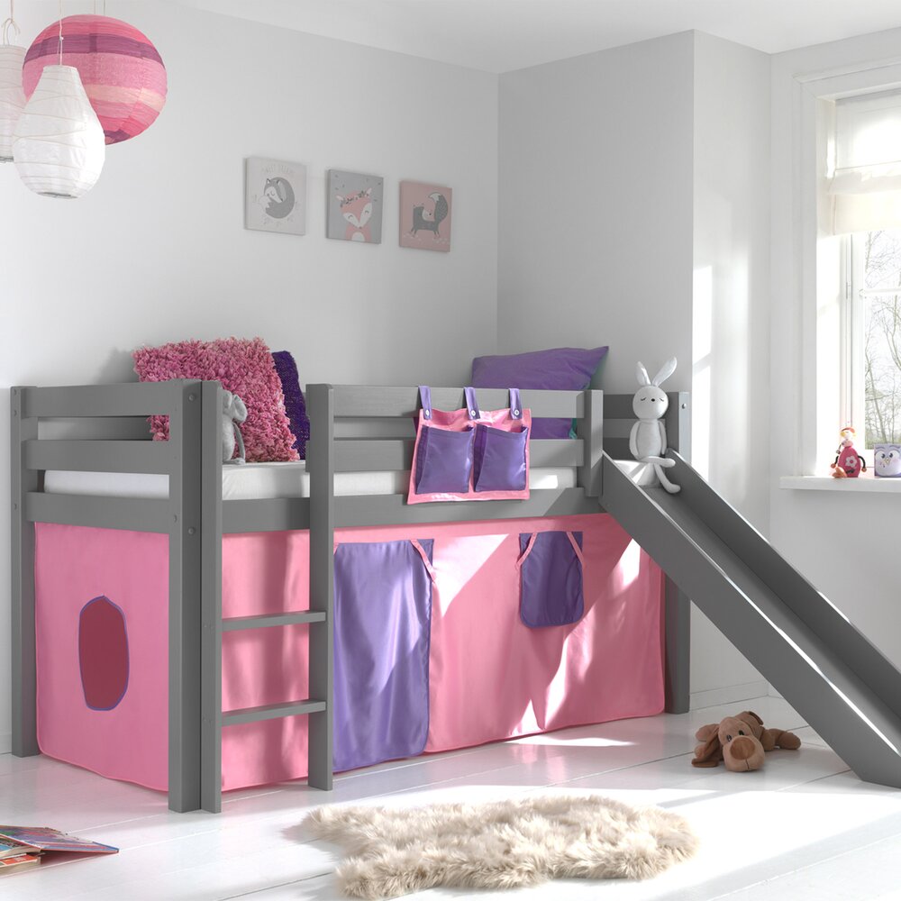 Lit enfant - Lit surélevé 90x200 cm avec toboggan gris décor rose - PINO photo 1