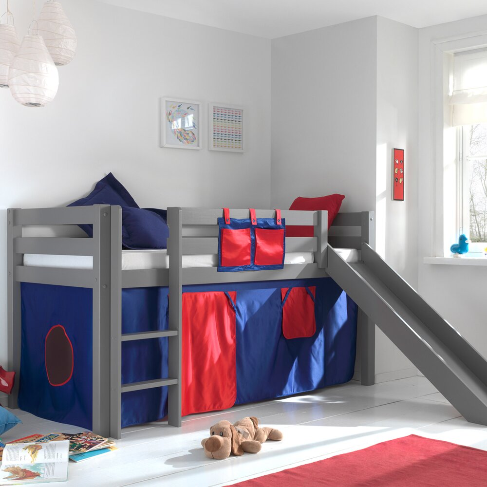 Lit enfant - Lit surélevé 90x200 cm avec toboggan gris décor bleu et rouge - PINO photo 1