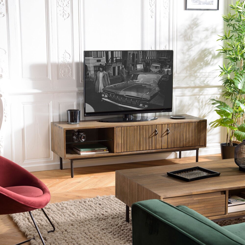 Meuble TV - Hifi - Meuble TV 2 portes 1 niches 160x45x50,5 cm en acacia marron - REHON photo 1