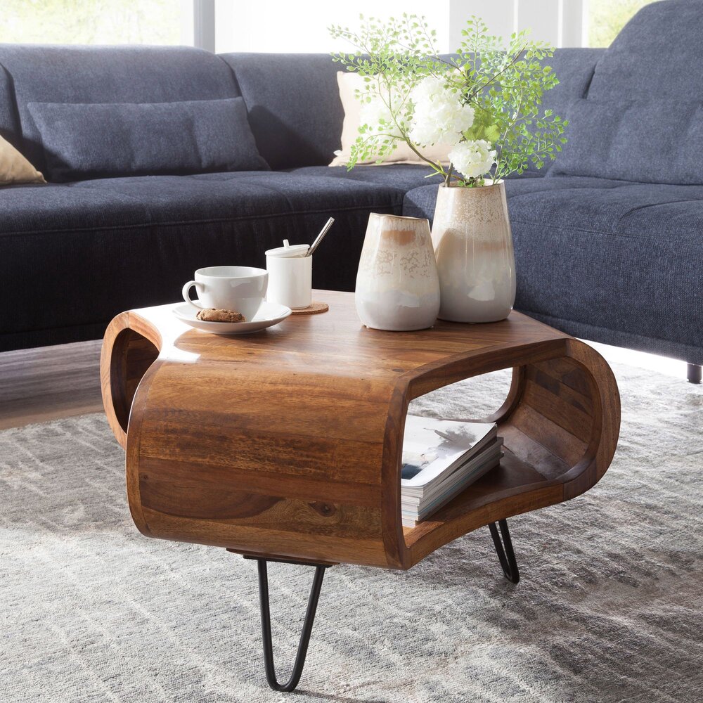 Table basse 55x55 cm en bois massif et métal naturel et noir