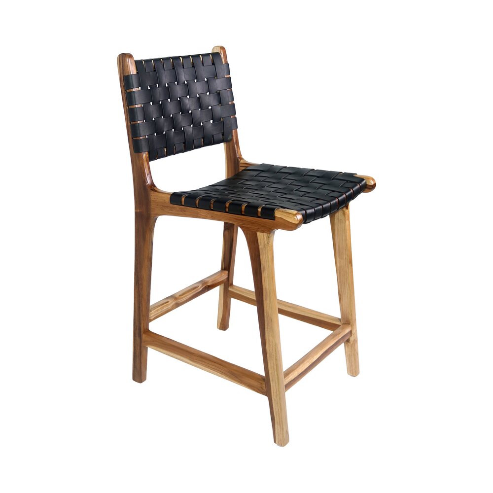 Chaise de bar 45,5x46x101 cm en teck et cuir noir photo 1