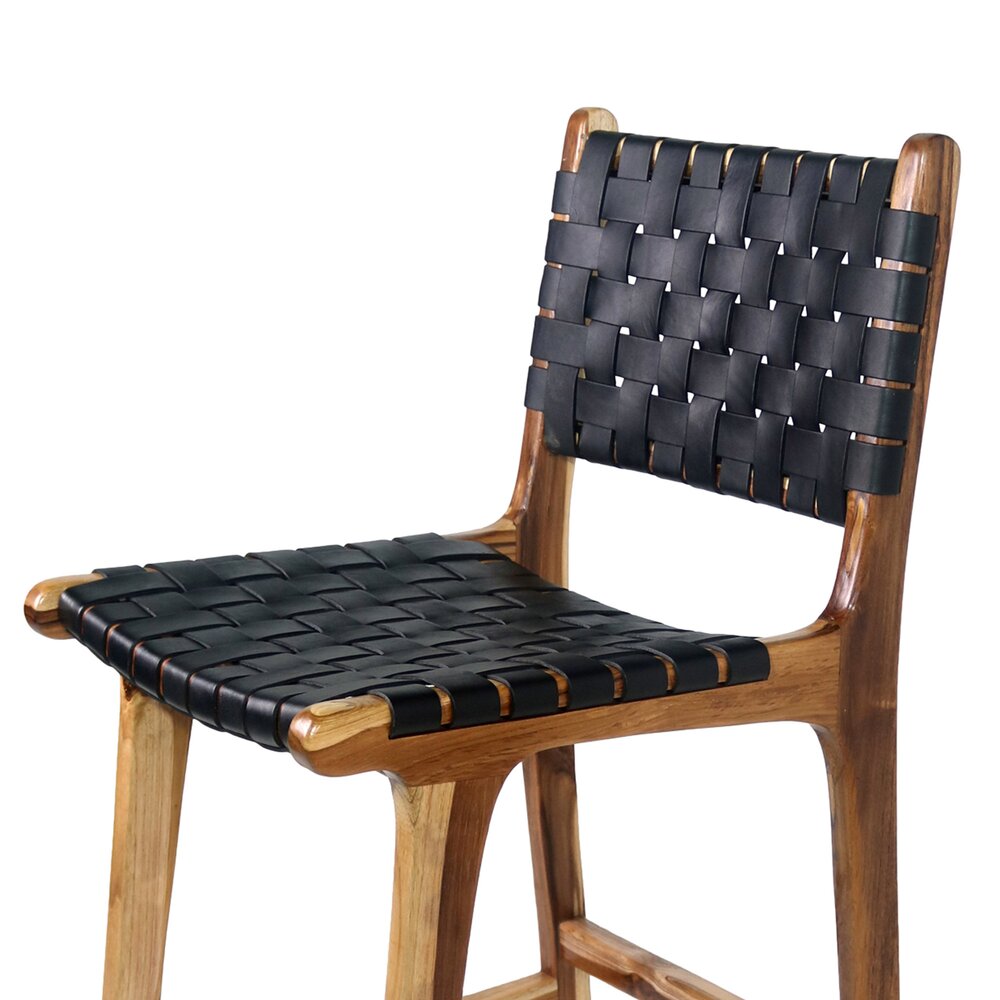 Chaise de bar 45,5x46x101 cm en teck et cuir noir photo 2