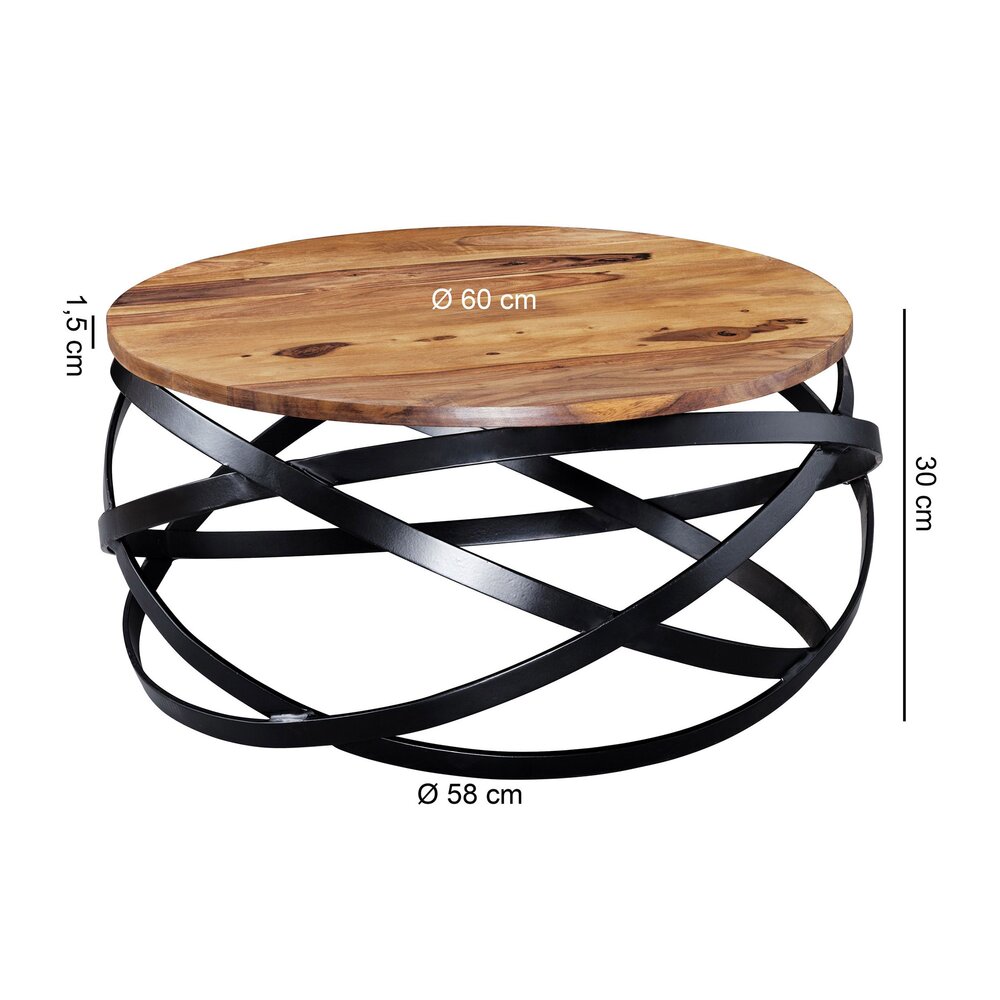 Table basse ronde design 60x60 cm en sheesham massif et métal photo 4