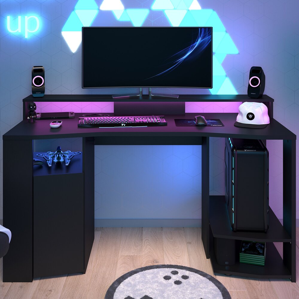 Bureau gamer 1 porte 152 cm avec LED décor noir