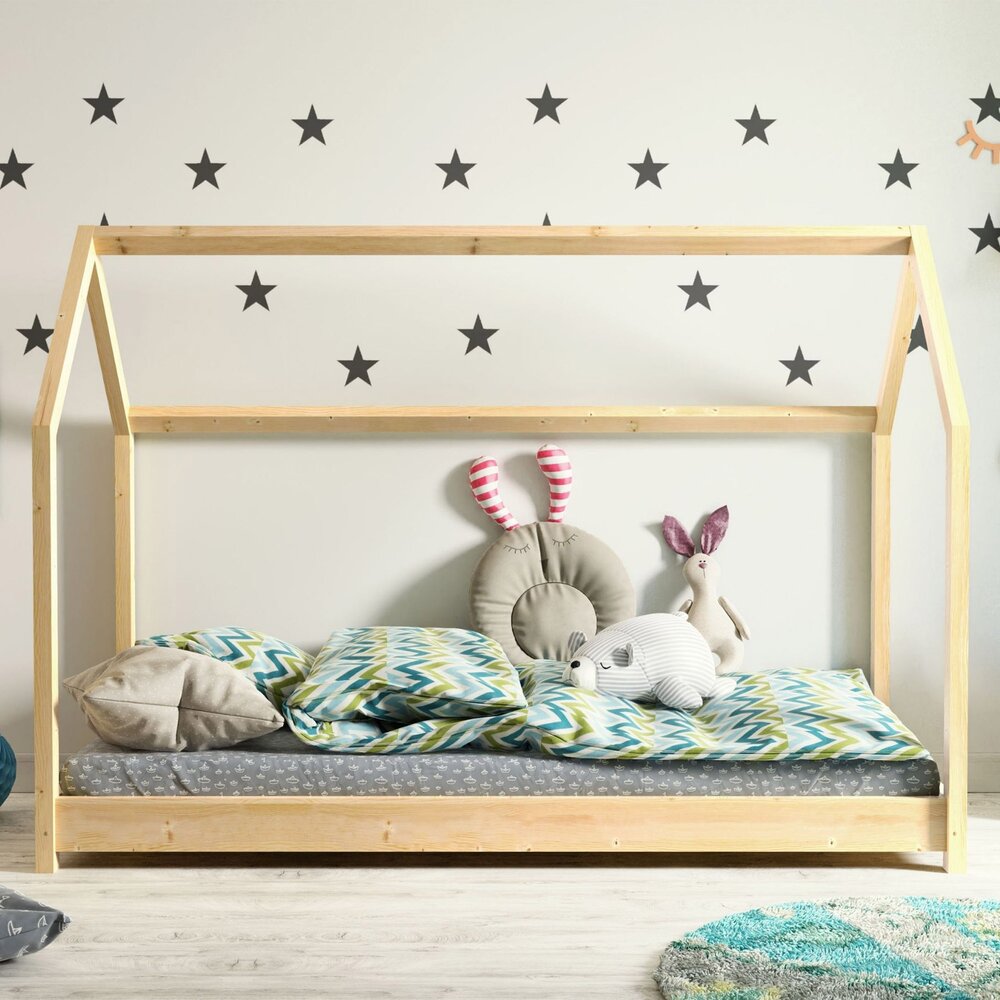 Lit cabane lit d'enfant avec décoration pendentif en forme de nuage et  d'étoile structure en pin bois naturel 90x200 cm