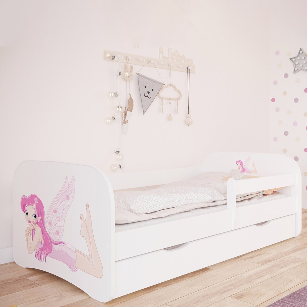 Lit enfant - Lit 70x140 cm blanc avec matelas et tiroir décor fée - HEROS photo 1