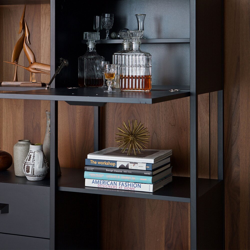 Bibliothèque 2 tiroirs 123x45x220 cm en bois et métal noir | Maison et  Styles