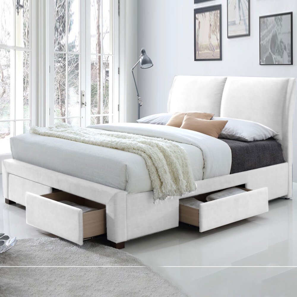 Lit 160x200 cm avec tiroirs en PU blanc - NAIMA | Maison et Styles