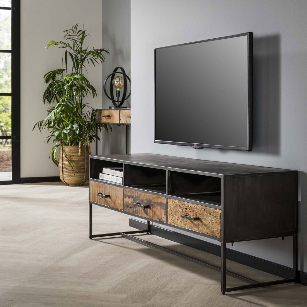 Meuble TV - Hifi - Meuble TV 3 tiroirs 150 cm en métal gris foncé et bois brut - ARIELL photo 1