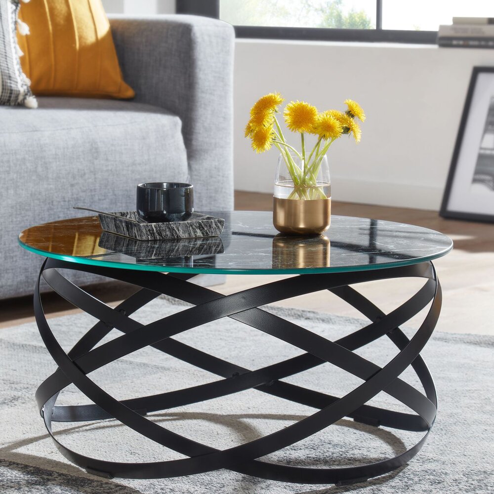 Table basse ronde 60x60x30 cm en verre et acier noir et noir marbré