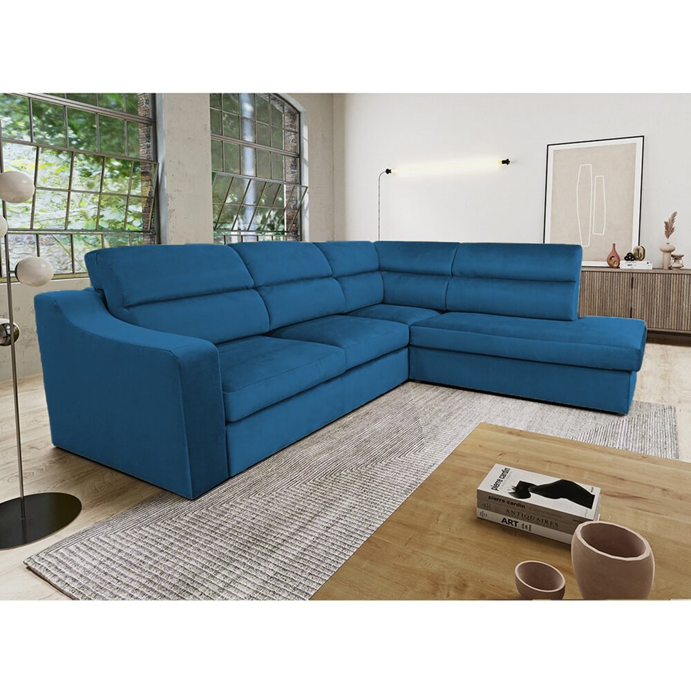 Canapé - Canapé d'angle à droite fixe en tissu velours bleu marine - KOLN photo 1