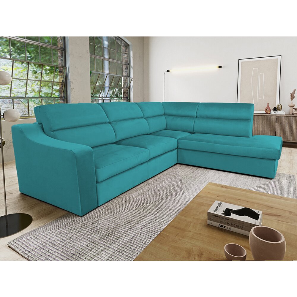 Canapé - Canapé d'angle à droite fixe en tissu velours turquoise - KOLN photo 1