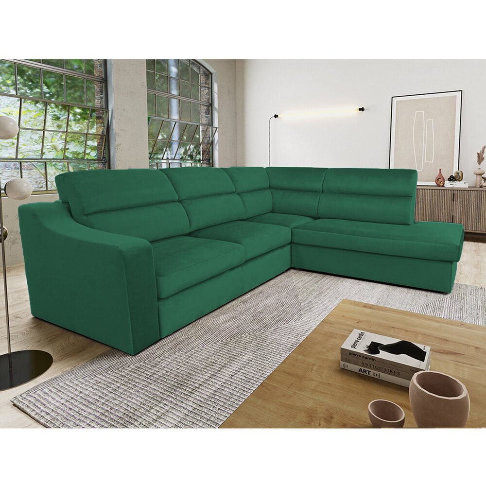 Canapé - Canapé d'angle à droite fixe en tissu velours vert - KOLN photo 1