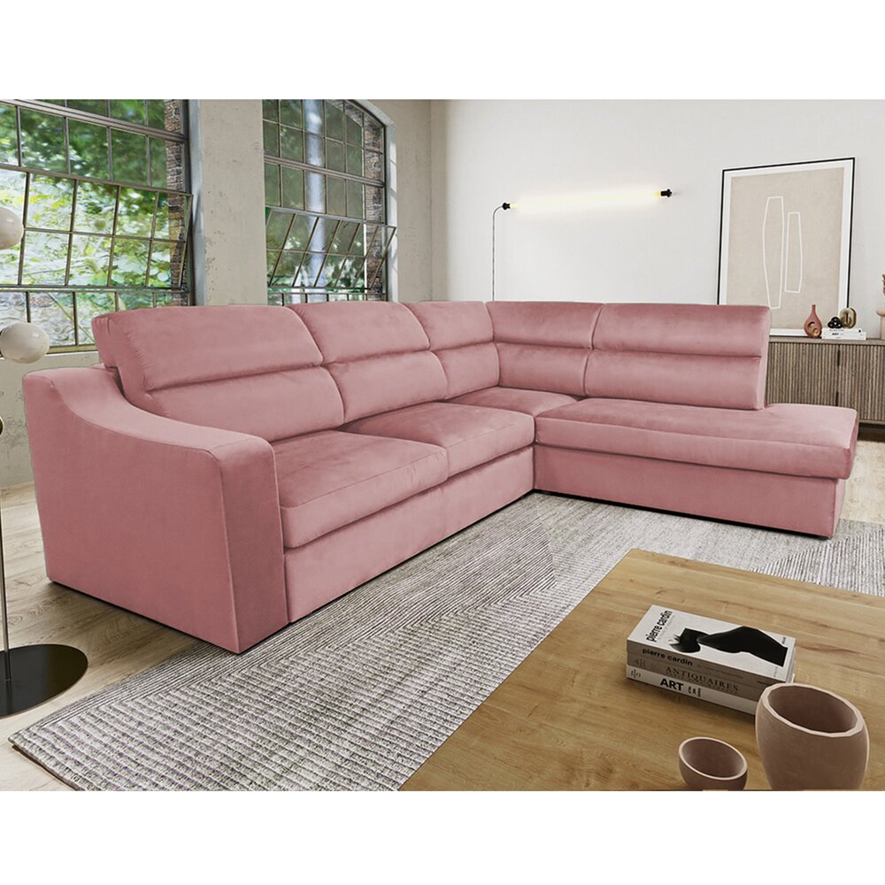Canapé - Canapé d'angle à droite fixe en tissu velours rose poudré - KOLN photo 1
