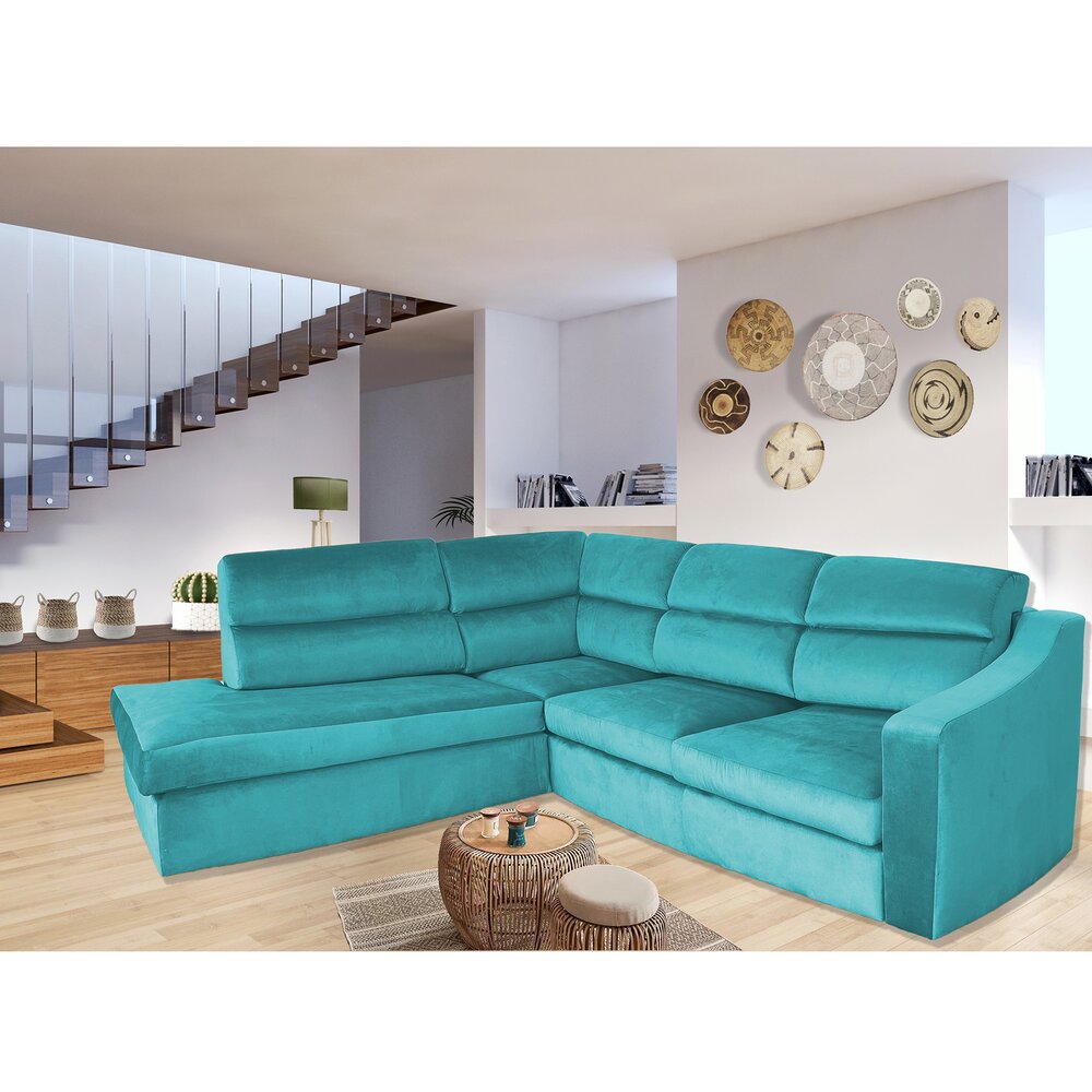 Canapé - Canapé d'angle à gauche fixe en tissu velours turquoise - KOLN photo 1
