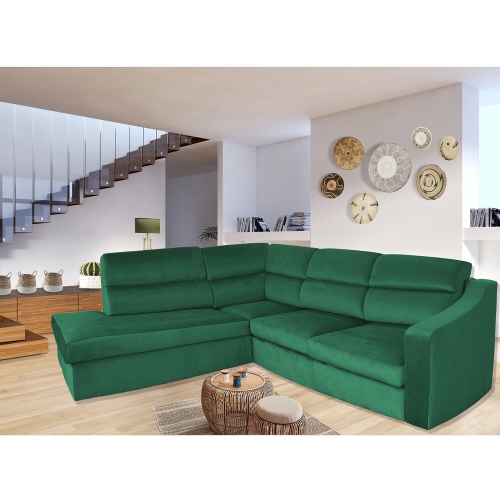 Canapé - Canapé d'angle à gauche fixe en tissu velours vert - KOLN photo 1
