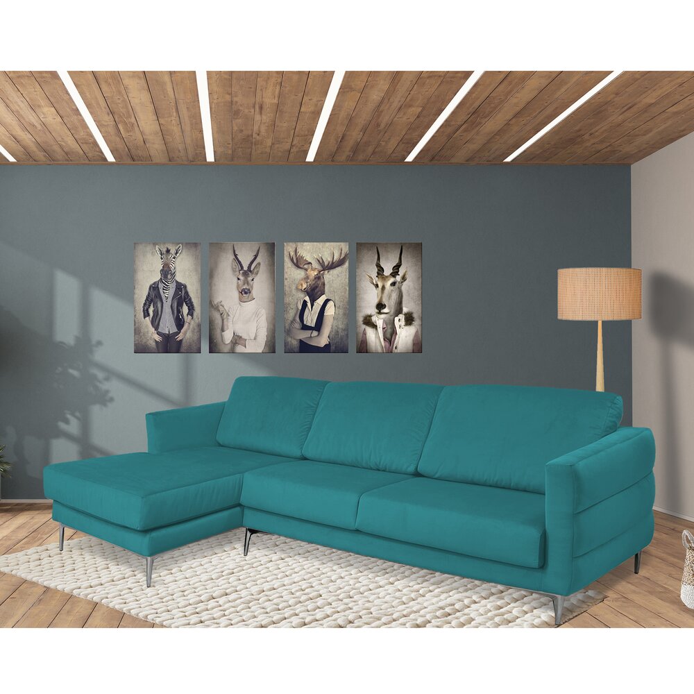 Canapé - Canapé d'angle à gauche fixe en velours bleu turquoise - LORD photo 1