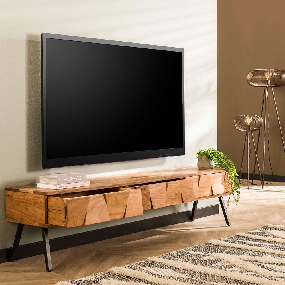 Meuble TV 3 tiroirs 180x40x45 cm en acacia naturel et métal noir photo 2