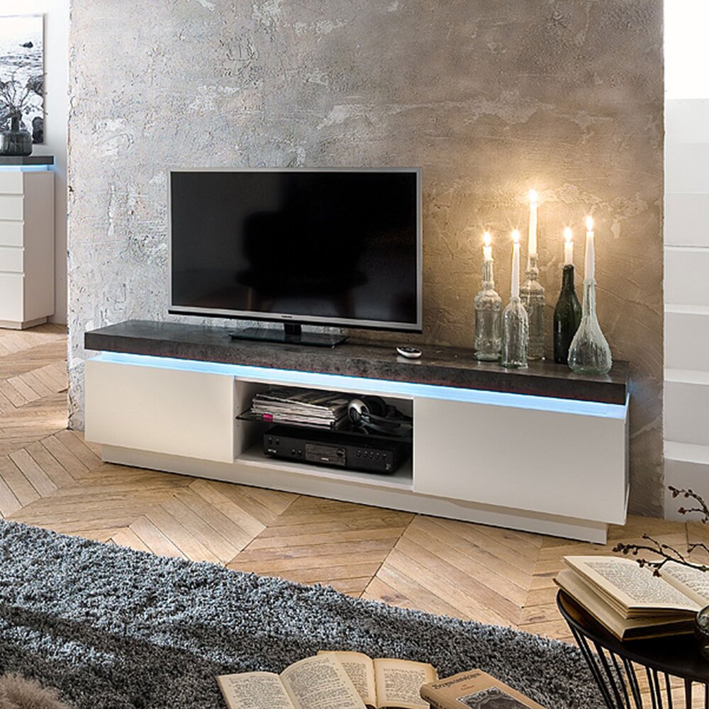 Meuble TV 2 portes avec LED décor blanc mat et béton - TYGO photo 1