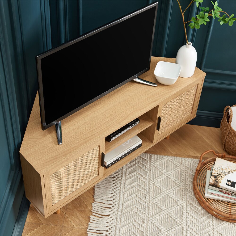 Meuble TV d'angle 2 portes 115 cm blanc et naturel