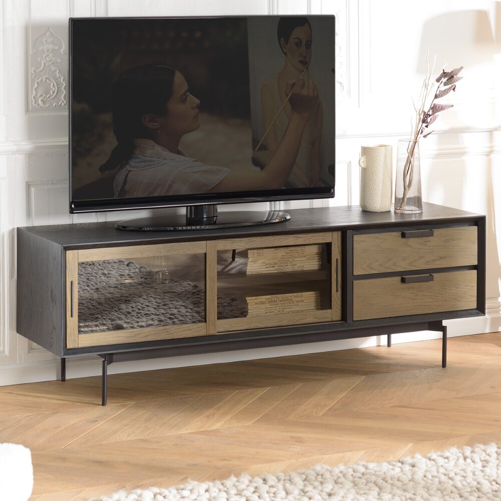 Meuble TV - Hifi - Meuble TV 2 portes 2 tiroirs 165x45x55 cm marron et noir - GYLAND photo 1