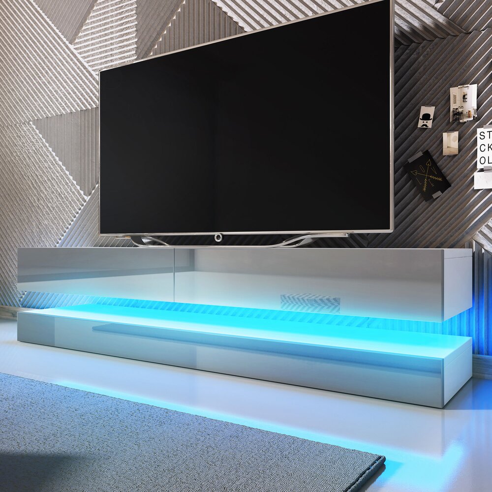 Meuble TV 2 tiroirs 140 cm blanc et gris brillant avec LED - OCARZ