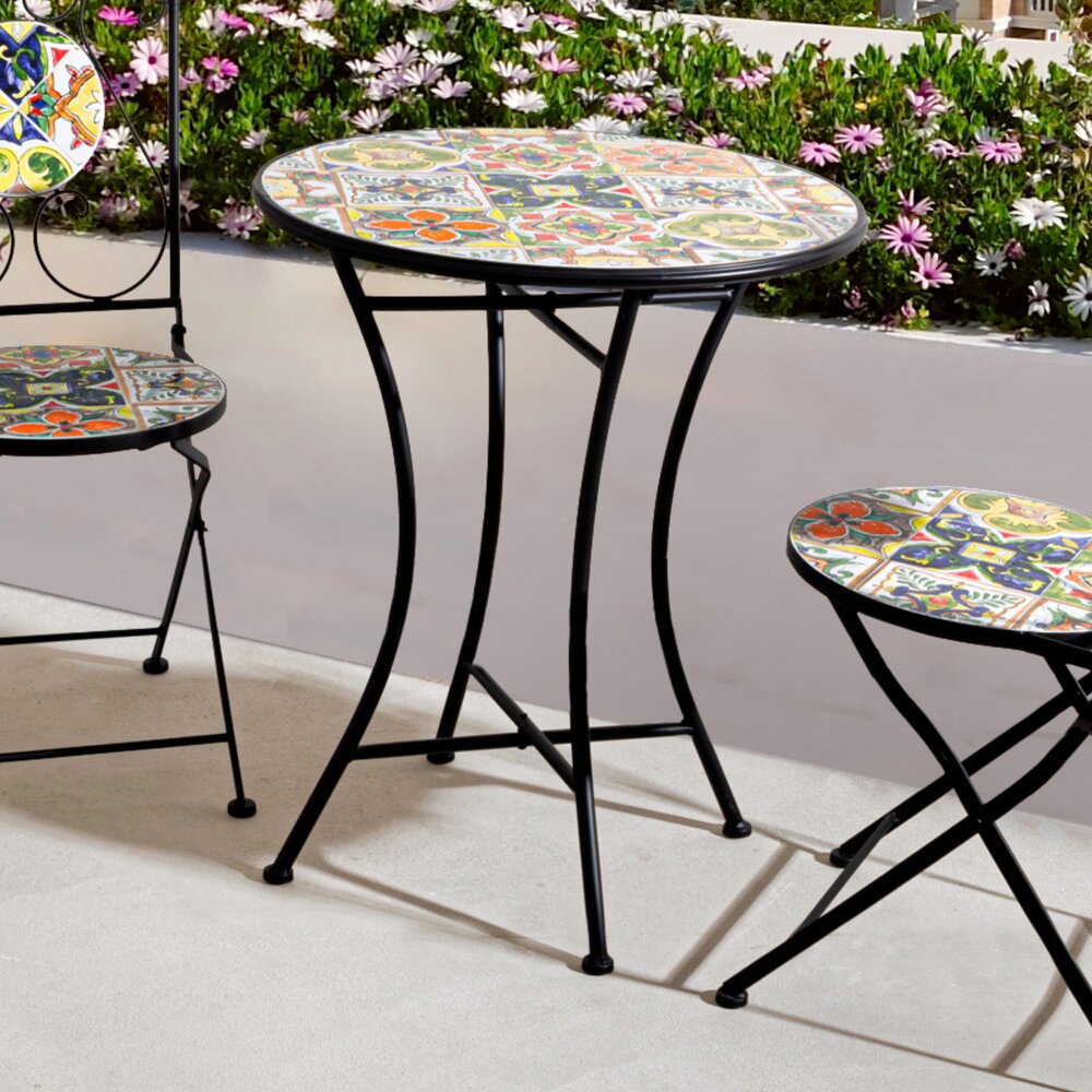 Table de jardin ronde 60x75 cm décor en céramique multicolore photo 1
