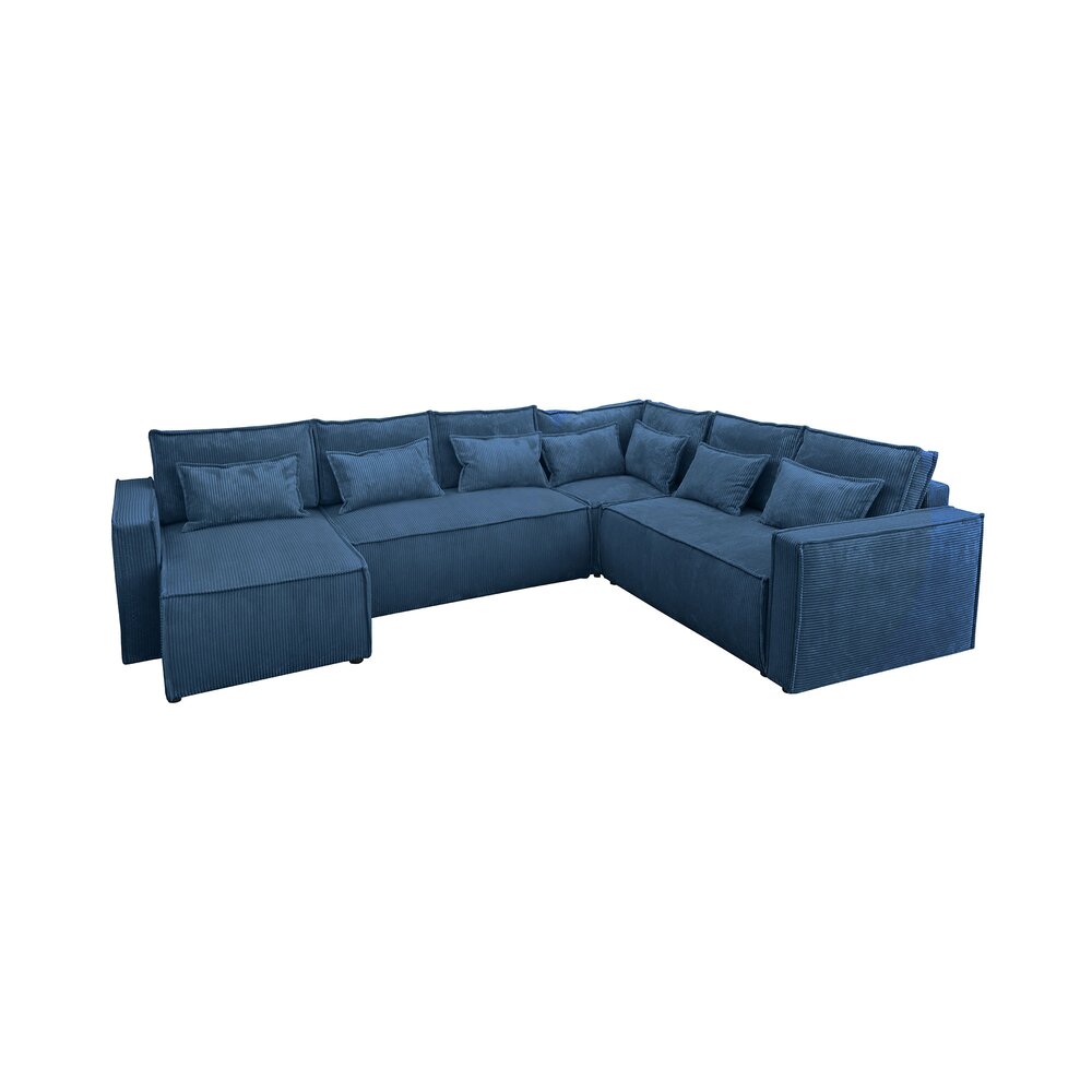 Canapé d'angle à droite 5 places en velours côtelé bleu foncé photo 2