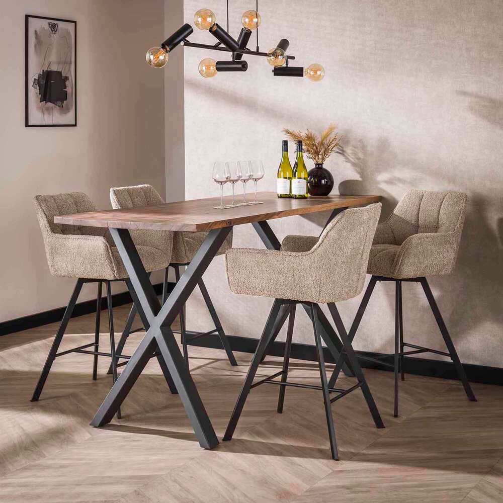 Table de bar 180x80 cm et 4 fauteuils de bar en tissu bouclette sable photo 1