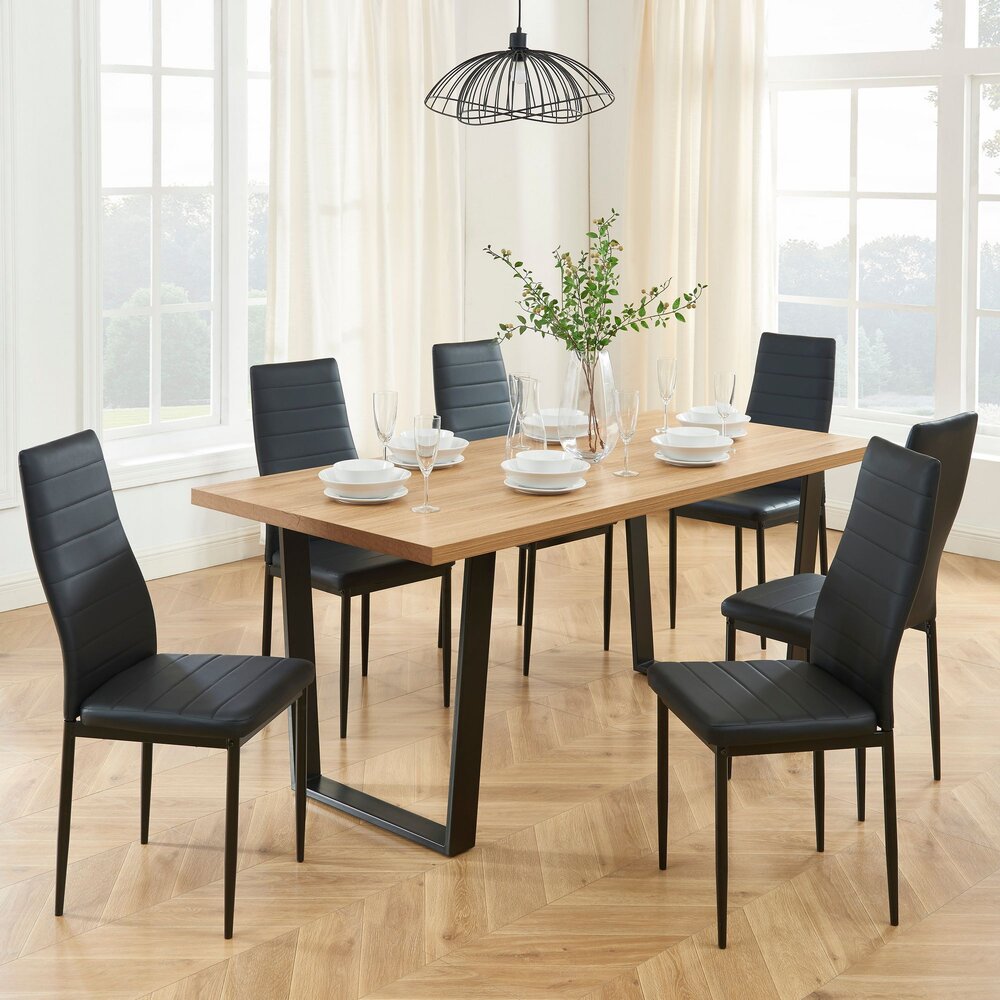 Table à manger 160 cm et 6 chaises en PU noir - FELIX