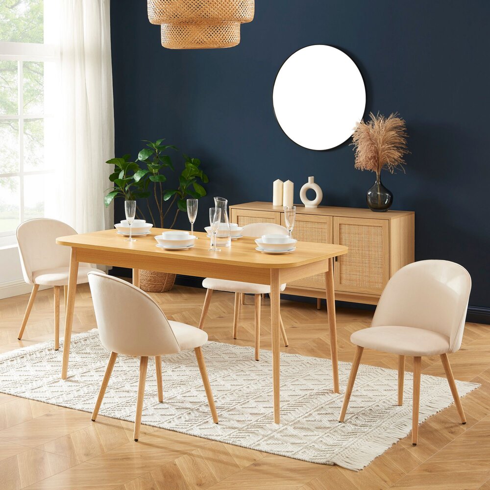Table à manger 150 cm avec 4 chaises en velours beige - TIAKI