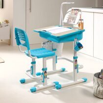Bureau 70 cm, chaise et lampe blanc et bleu - LUFFY