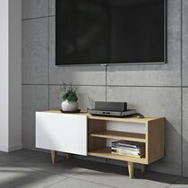 Meuble TV 1 porte coulissante décor blanc mat et chêne vernis