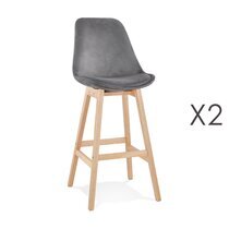 Lot de 2 chaises de bar H76 cm en tissu gris pieds naturels - ELO