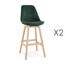 Lot de 2 chaises de bar H76 cm en tissu vert pieds naturels - ELO